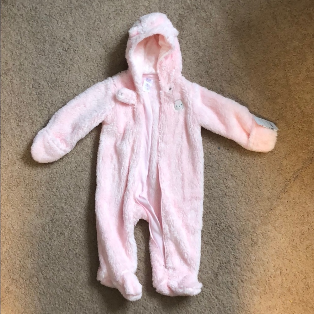 Fuzzy pink hooded onesie zip up. Never used